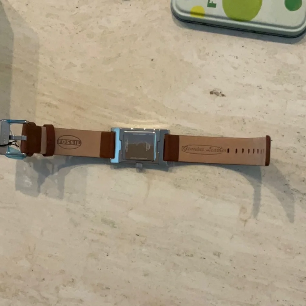 Fossil Watch Rectangle Leather Strap Water Resistant Silver Date New